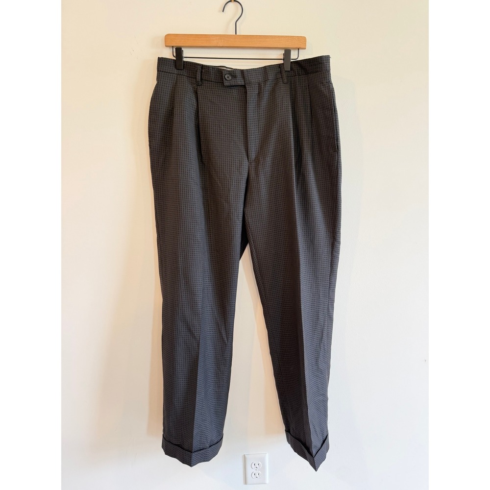 J Ferrar Mens 36x29 Wool Pleated Dress Pants Italy Grey Micro Check Cuffed